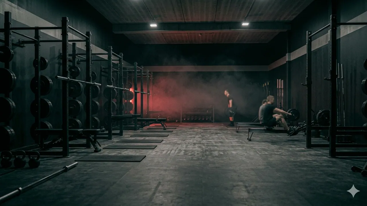 Athlete mid-set under low gym lighting